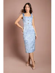 Jacquard Tie Shoulder Button Detail Pencil Dress