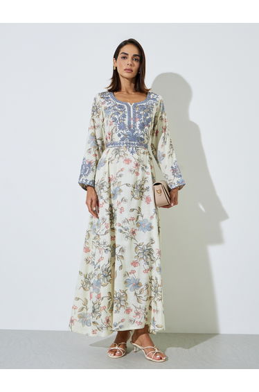 Light Blue Floral Maxi Jalabiya with Dori Embroidery