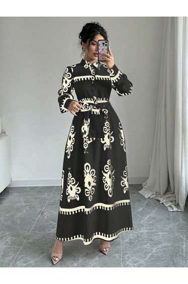 Women Graphic Belted Button Front Maxi Dress