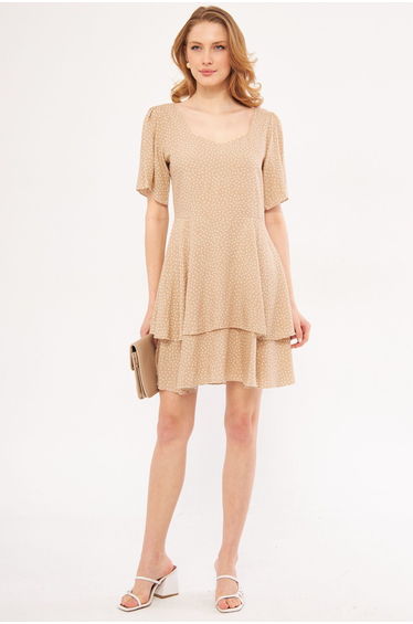 Women's Beige Minus Dress Short Sleeve Skirt Layered Zippered Patterned Mini Size