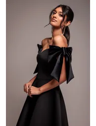 Scuba Off The Shoulder Velvet Bow Skater Midi Dress - Black by Goddiva - 1