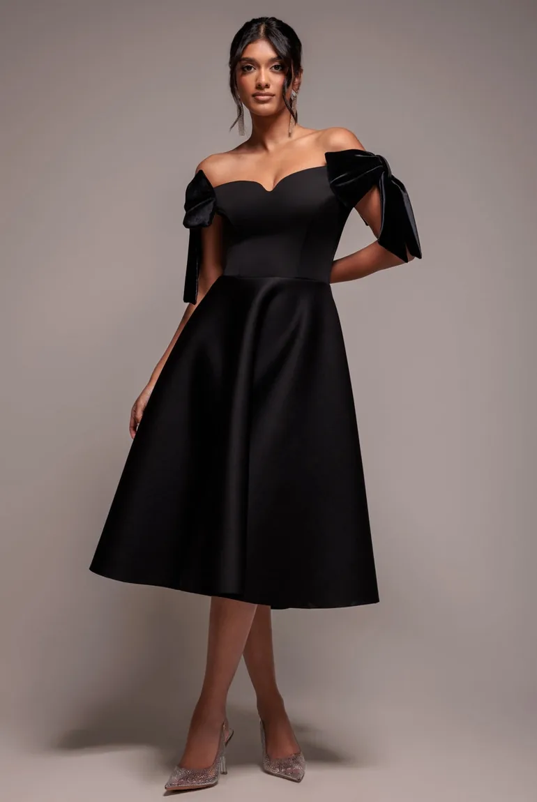 Scuba Off The Shoulder Velvet Bow Skater Midi Dress - Black by Goddiva