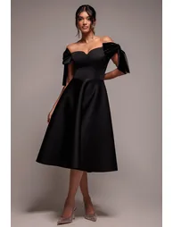 Scuba Off The Shoulder Velvet Bow Skater Midi Dress - Black by Goddiva