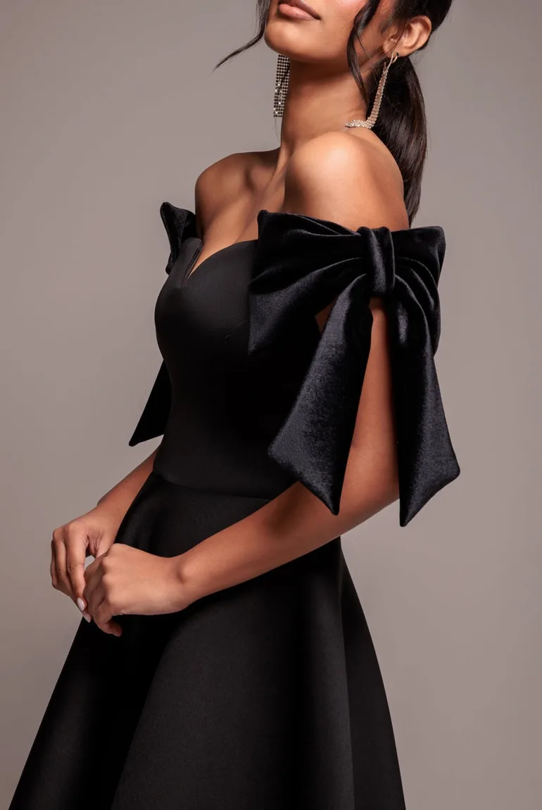 Scuba Off The Shoulder Velvet Bow Skater Midi Dress - Black by Goddiva - 4