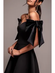 Scuba Off The Shoulder Velvet Bow Skater Midi Dress - Black by Goddiva - 4