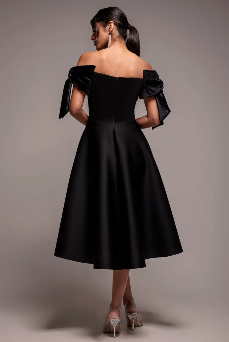 Scuba Off The Shoulder Velvet Bow Skater Midi Dress - Black by Goddiva - 3