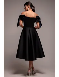 Scuba Off The Shoulder Velvet Bow Skater Midi Dress - Black by Goddiva - 3