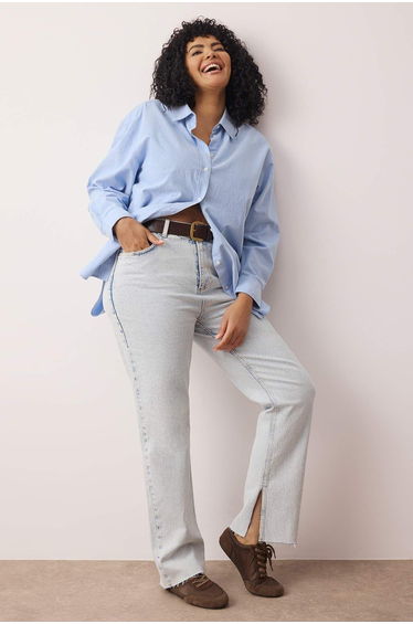 Light Blue High Waist Slit Detailed Plus Size Jeans
