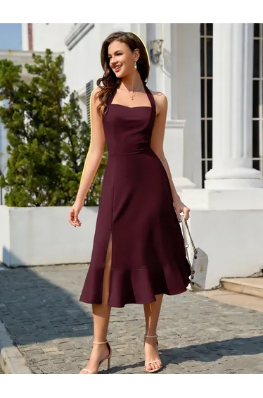 فستان ليلي أحمر ميدي على شكل حرف A بياقة هالتر