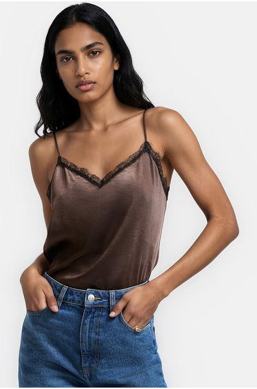 Satin Shoestring Strap Lace Detail Top