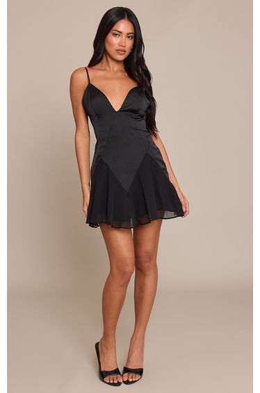 Black Satin V Neck Shift Dress