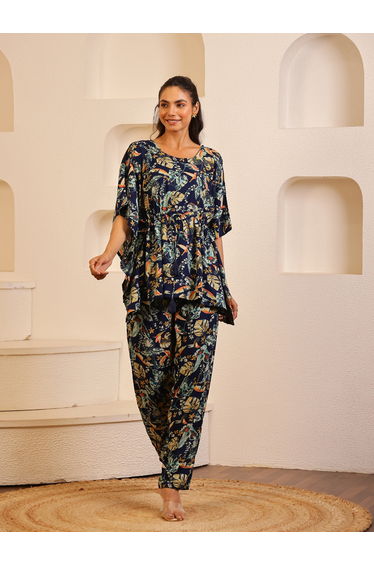 Women Navy Blue Floral Printed Round Neck Kaftan Top and Pyjama Set