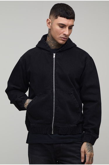 Tall Washed Denim Zip Up Hoodie - washed black