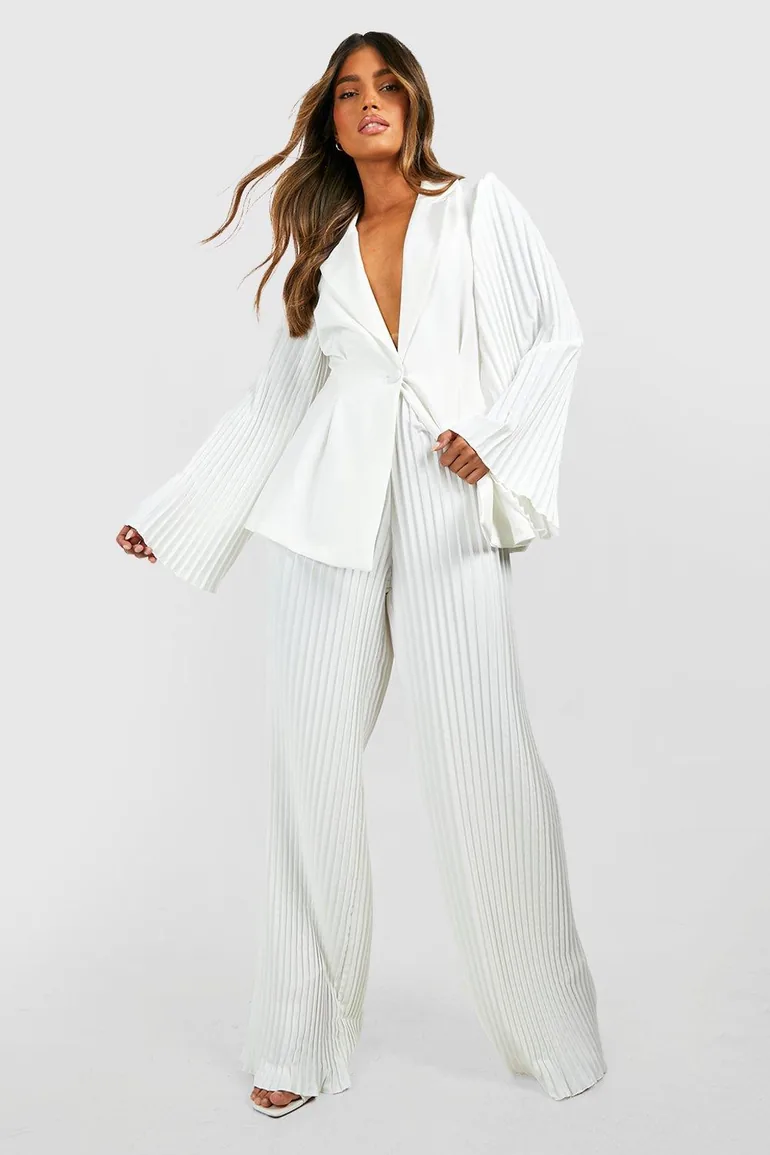 Pleated Wide Leg Tailored Trousers - ivory - 2