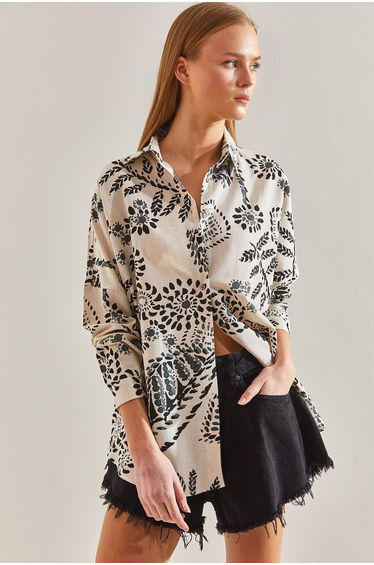 Women's Large Leaf Patterned Loose Linen Shirt