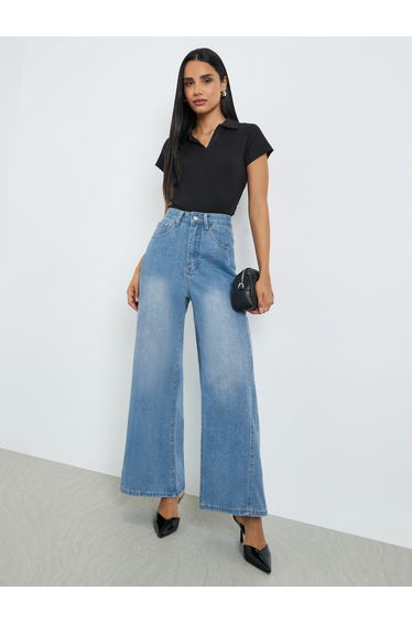 High Rise Cut and Sew Wide Leg Jeans