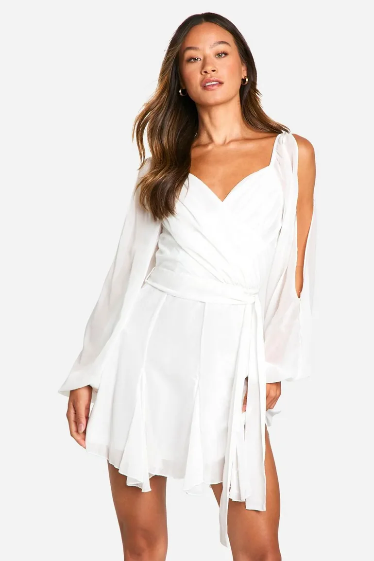 Tall Godet Hem Lace Up Chiffon Skater Dress - white - 1
