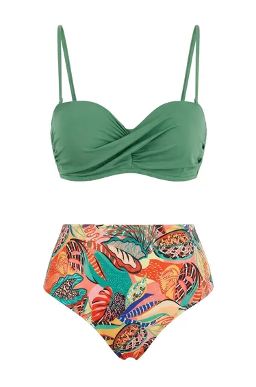 Tropical Patterned Draped Balconette High Waist Regular Covered Bikini Set