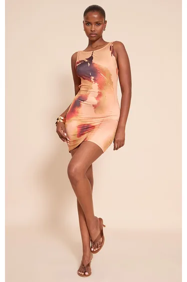 Beige Abstract Print Slinky Acetate Ruched One Shoulder Mini Dress