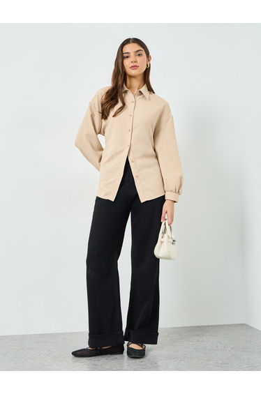 Beige Textured Long Sleeve Shirt