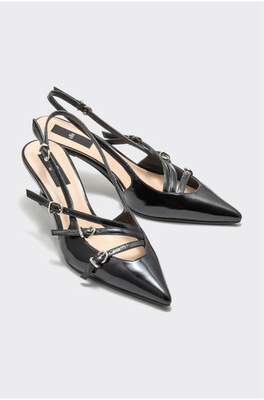 Black Leather Women's Heeled Shoes