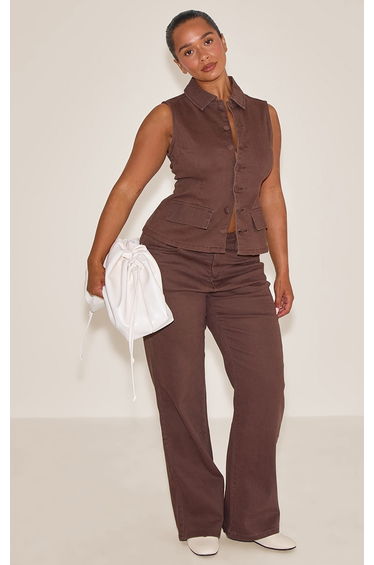 Shape Chocolate Stretch Denim Button Front Longline Top