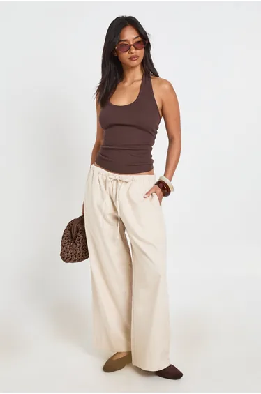 Petite Chambray Drawcord Wide Leg Trousers - ecru