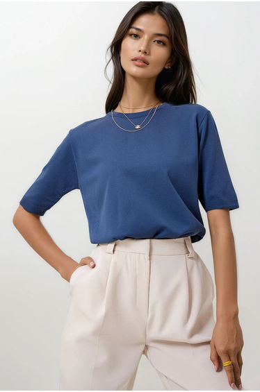 Women's Indigo Crew Neck Half Sleeve Knitwear Blouse