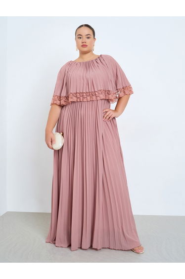 Plus Size Pink A-Line Maxi Dress with Lace Cape