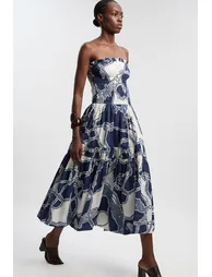 Shirred Cotton Tiered Chain Print Bandeau Woven Maxi Dress - 1
