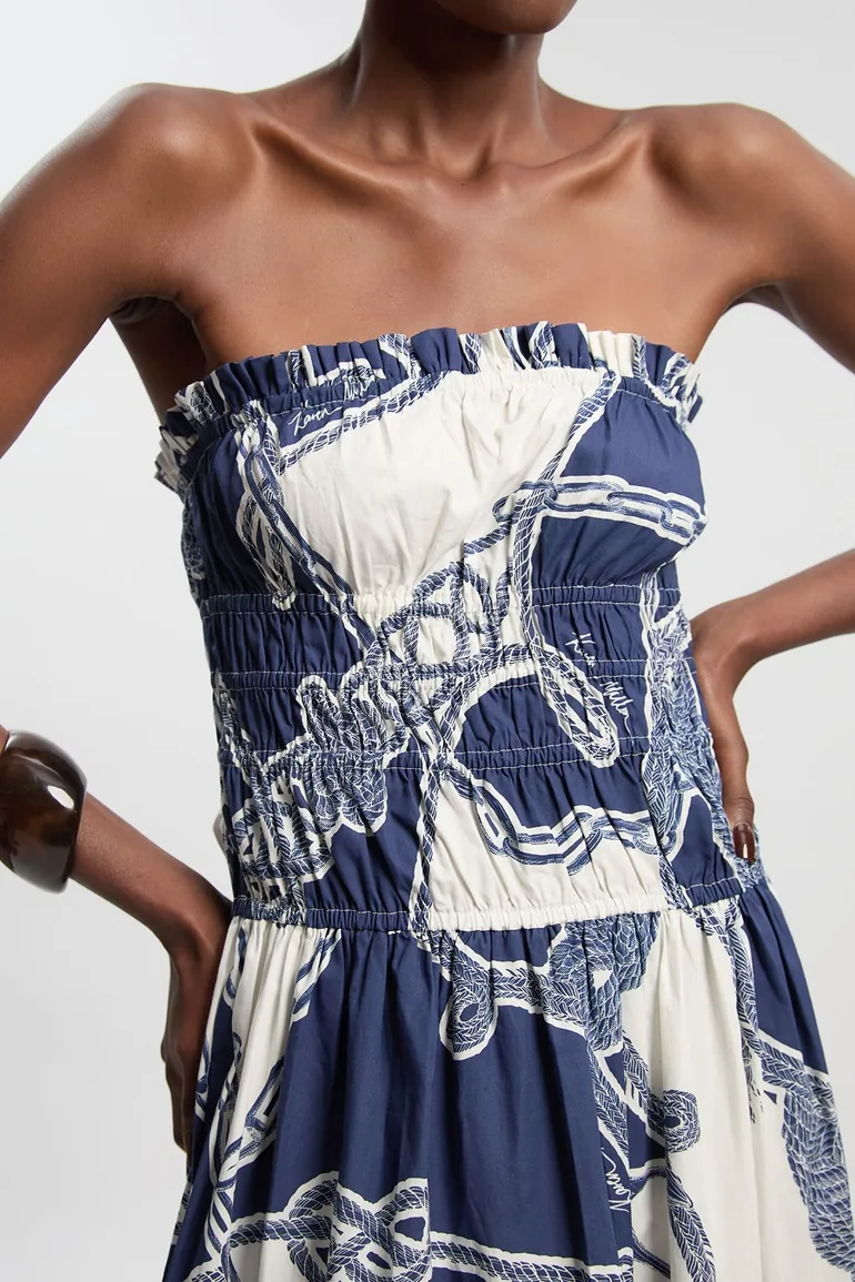 Shirred Cotton Tiered Chain Print Bandeau Woven Maxi Dress - 2