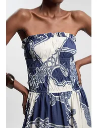 Shirred Cotton Tiered Chain Print Bandeau Woven Maxi Dress - 2