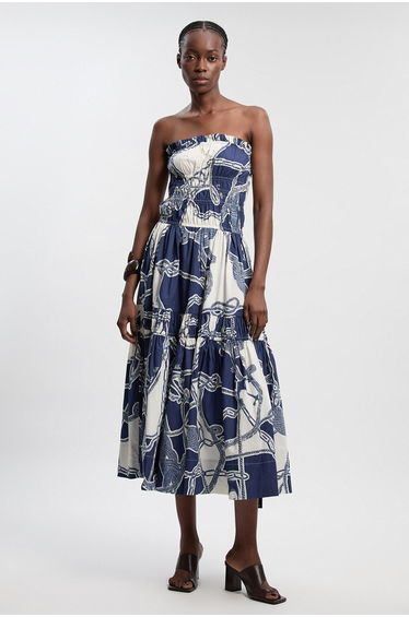 Shirred Cotton Tiered Chain Print Bandeau Woven Maxi Dress