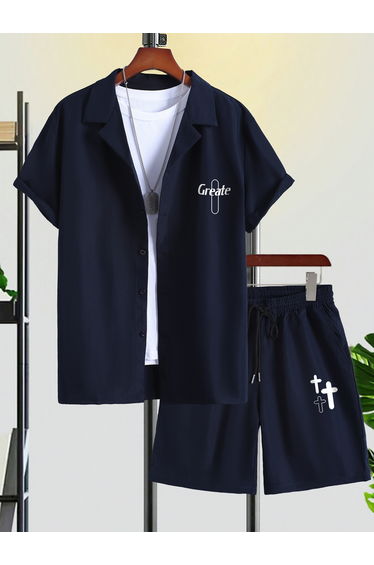 Men Navy Blue Printed Shirt and Shorts Co-Ords