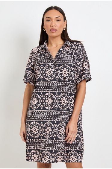 Printed Roll Sleeve Shift Dress