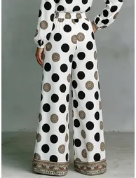 High Waisted Wide Leg Contrast Color Elasticity Pockets Polka Dot Printed Pants Trousers - 4