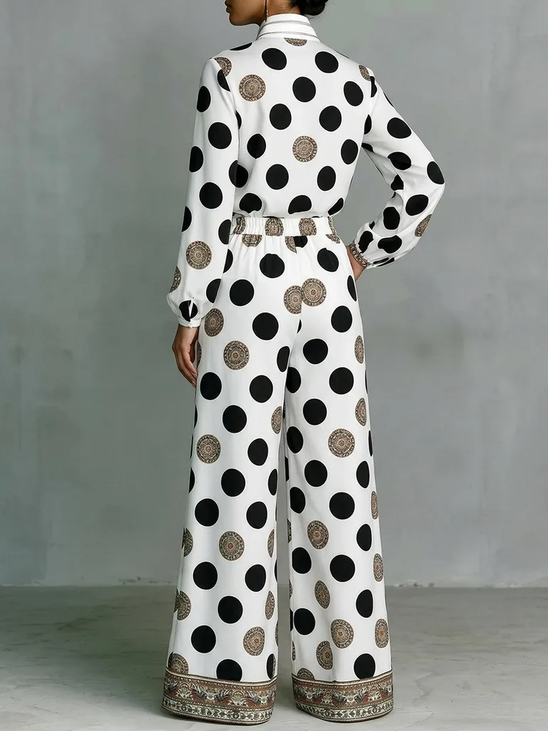 High Waisted Wide Leg Contrast Color Elasticity Pockets Polka Dot Printed Pants Trousers - 2