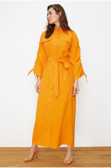 Orange Belted Cotton Woven Shirt Dress with Adjustable Sleeves