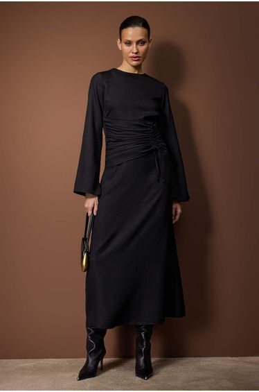 Black plain woven linen-look hijab dress without lining