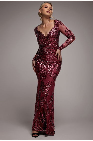 Sequin Leaf Long Sleeve Maxi Dress - Burgundy by Goddiva
