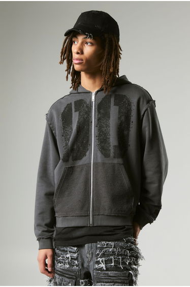Oversized Boxy Varsity Raw Edge Applique Zip Through Funnel Neck Loopback Hoodie