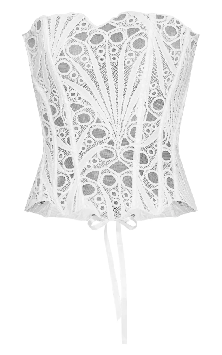 White Textured Sheer Floral Lace Corset - 4