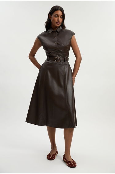 Faux Leather Belted Midi Dress