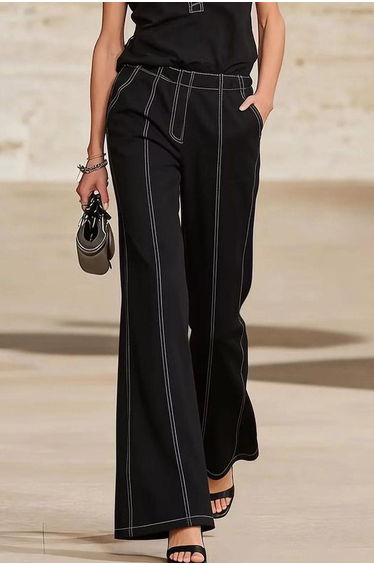 High Waisted Wide Leg Line Pockets Solid Color Pants Trousers