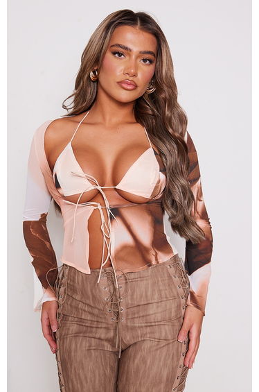 Beige Halter Neck Long Sleeve Top
