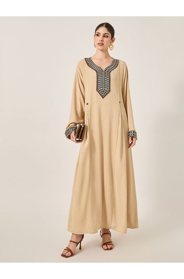 Embroidered Patch Work Pleated A-Line Jalabyia