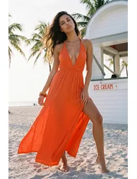 Orange Maxi Dress - Halter Neck - 1