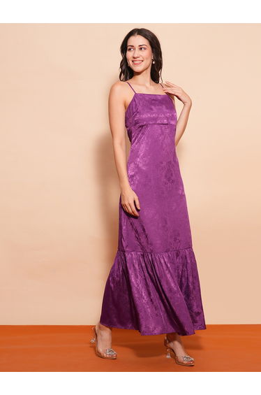 Women Purple Self Design Satin Strappy A-Line Maxi Dress