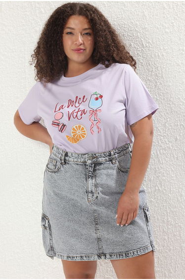 Lilac Cocktail Printed Boyfriend Fit Plus Size T-shirt