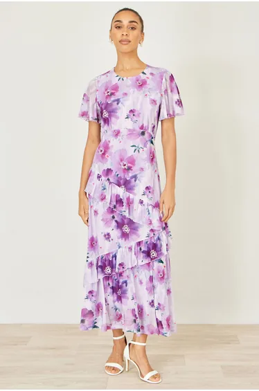 Yumi Lavender Floral Print Frill Midi Dress